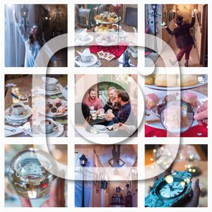 A collage of nine images featuring people enjoying tea, tea sets, pastries, and magical elements, with a translucent Instagram logo overlay in the center.