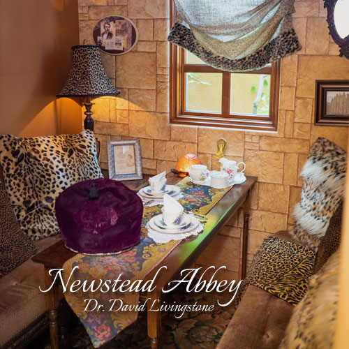 Newstead-Abbey-Dr-David-Livingstone-Seating-Area-Teatime-Parlor-The-St-James-Tearoom-2019 Safari themed afternoon tea nook featuring faux fur throws and a leopard print lampshade