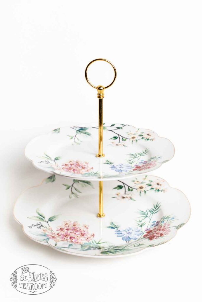 St James Tearoom Gift Shop Albuquerque - Two-Tiered Serving Tray Floral Scallop St James Tearoom Gift Shop Albuquerque - Two-Tiered Serving Tray Floral Scallop