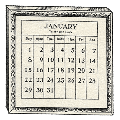 A framed, black-and-white hand-drawn calendar for January with Sunday as the first day, showing all 31 days.