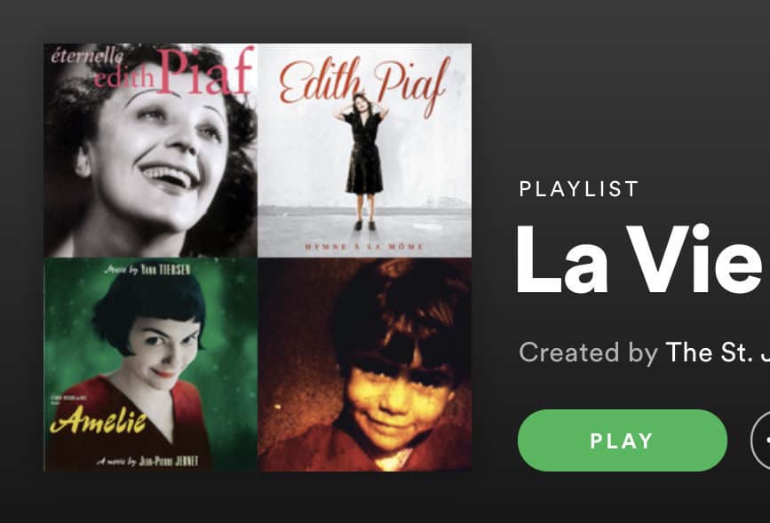 Spotify playlist titled “La Vie,” featuring album covers of Edith Piaf, Amélie, and a child; large green “Play” button is visible on the right side.