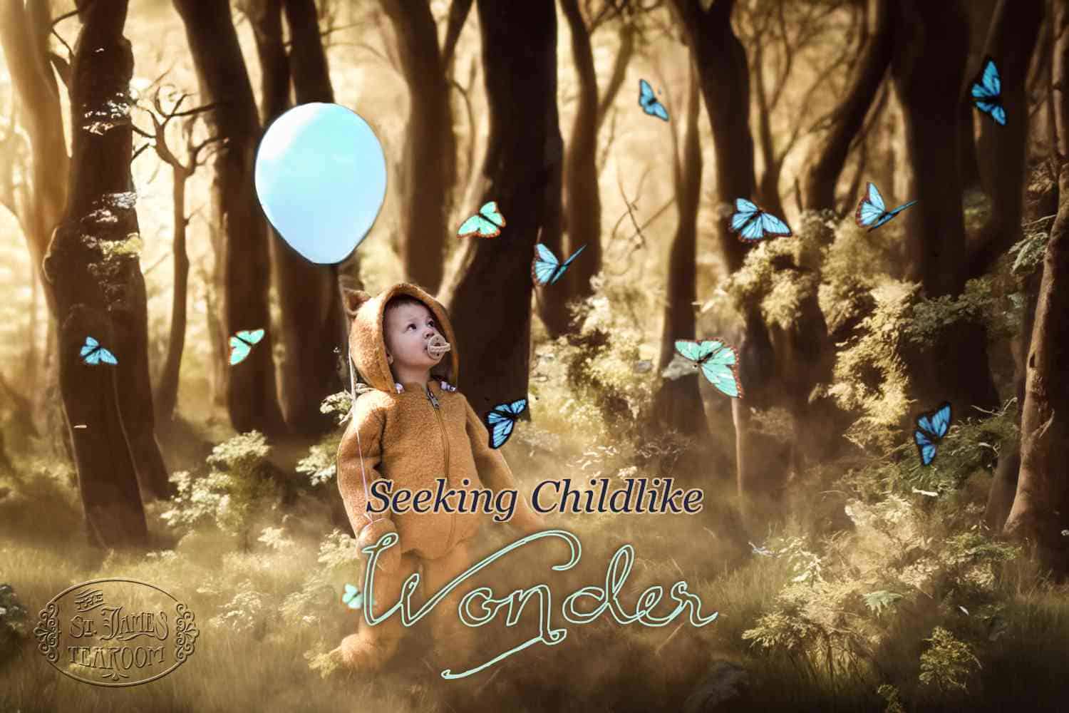 A child in a bear costume holds a blue balloon in a sunlit forest, surrounded by glowing blue butterflies, capturing the essence of childlike wonder. Text reads, “Seeking Childlike Wonder.”.