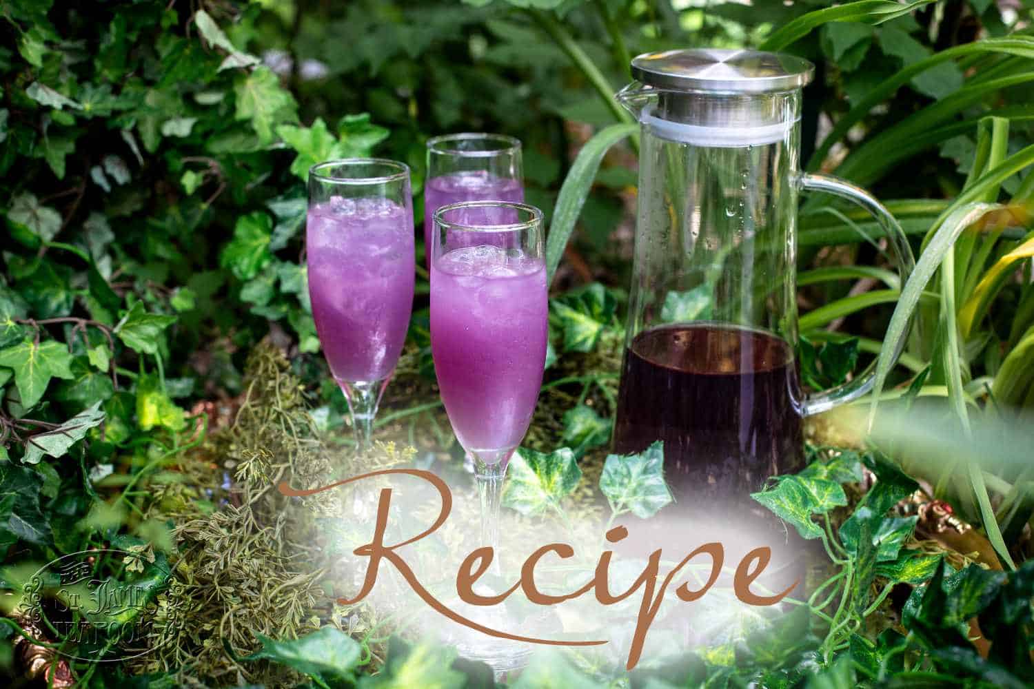 Three tall glasses of iced purple drink and a glass pitcher sit among green plants. The words “Iced Tea Recipe” are written in large script across the bottom of the image.