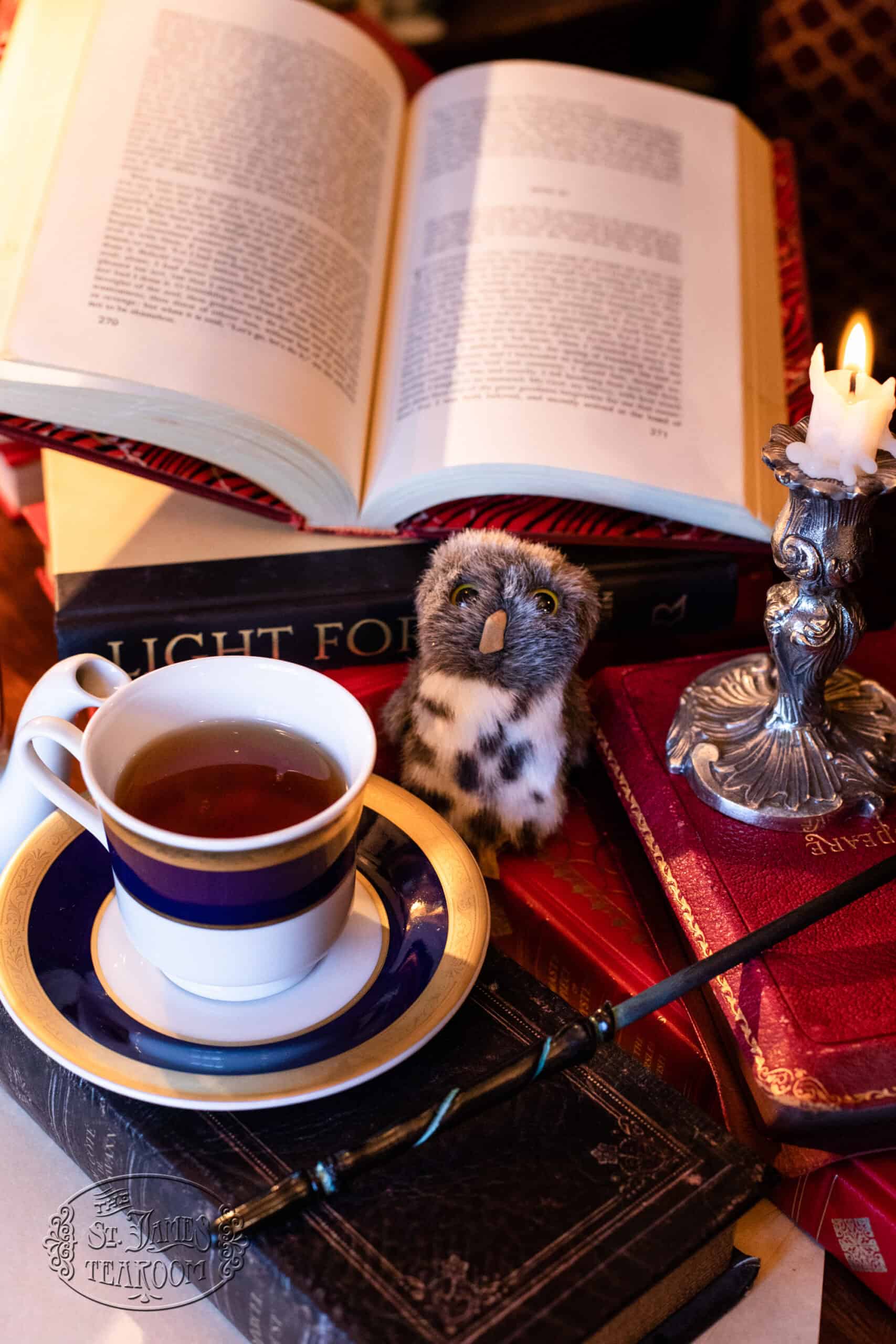 A teacup with tea, a saucer, an open book, stacked books, a plush owl, a lit candle in a holder, and a wand all arranged on a wooden table. &ldquo;St. James Tearoom&rdquo; is embossed on a leather book.