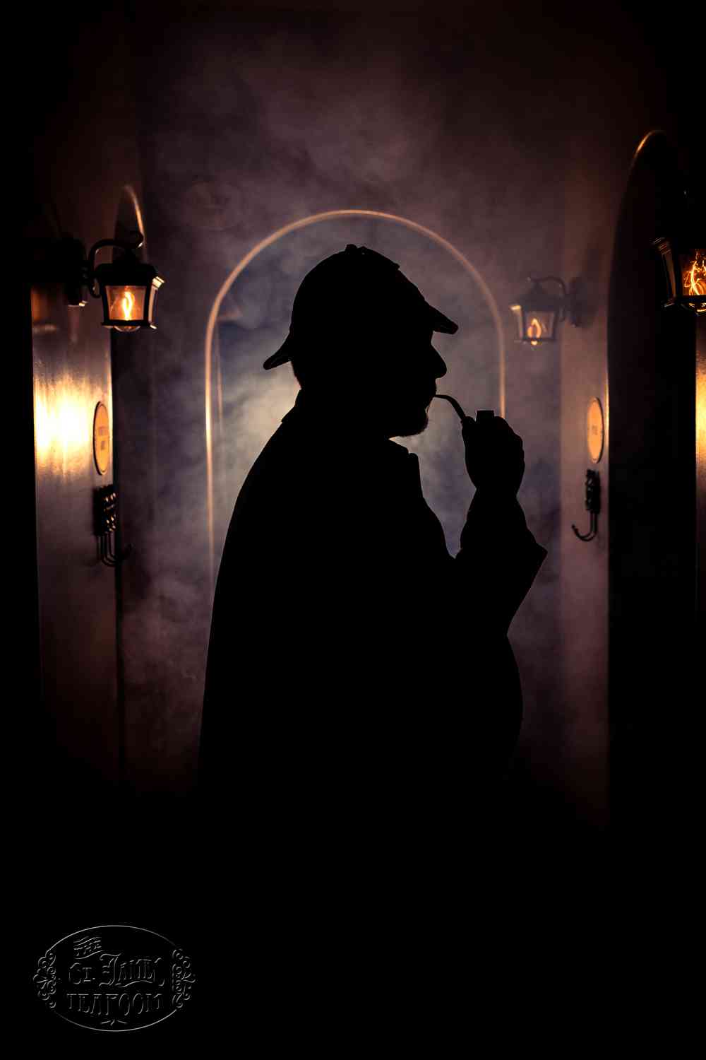 Silhouette of a person in a deerstalker hat smoking a pipe, standing in a dimly lit hallway with arched doorways and wall lanterns, creating a mysterious atmosphere.