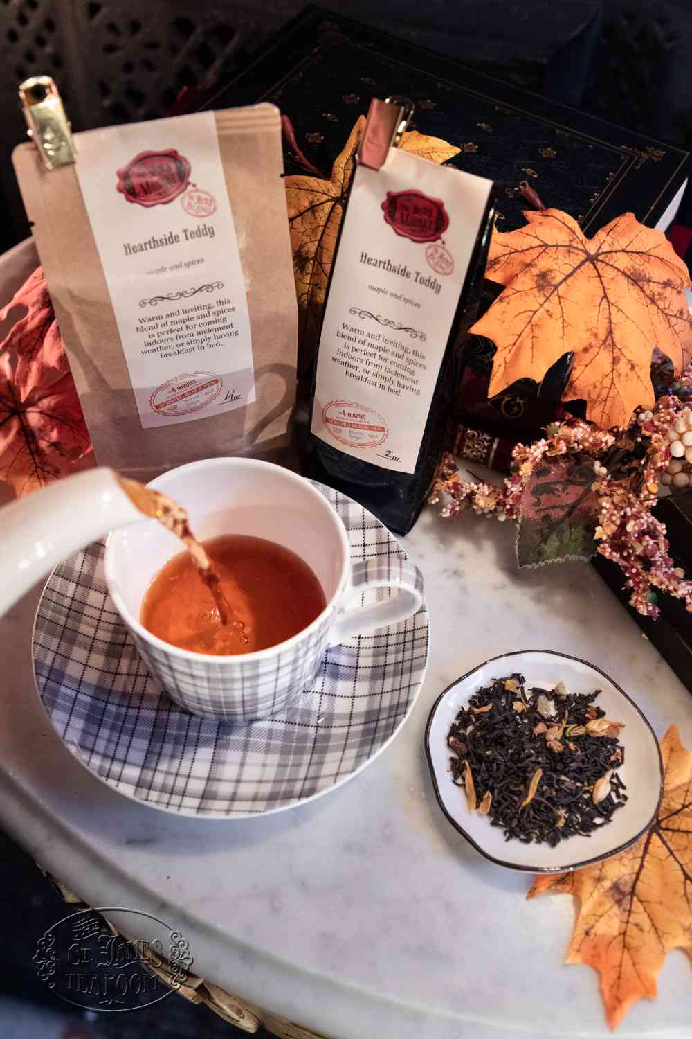 Online Tea Shop Loose Leaf Black Tea - Hearthside Toddy Pouring in Teacup Maple Spice