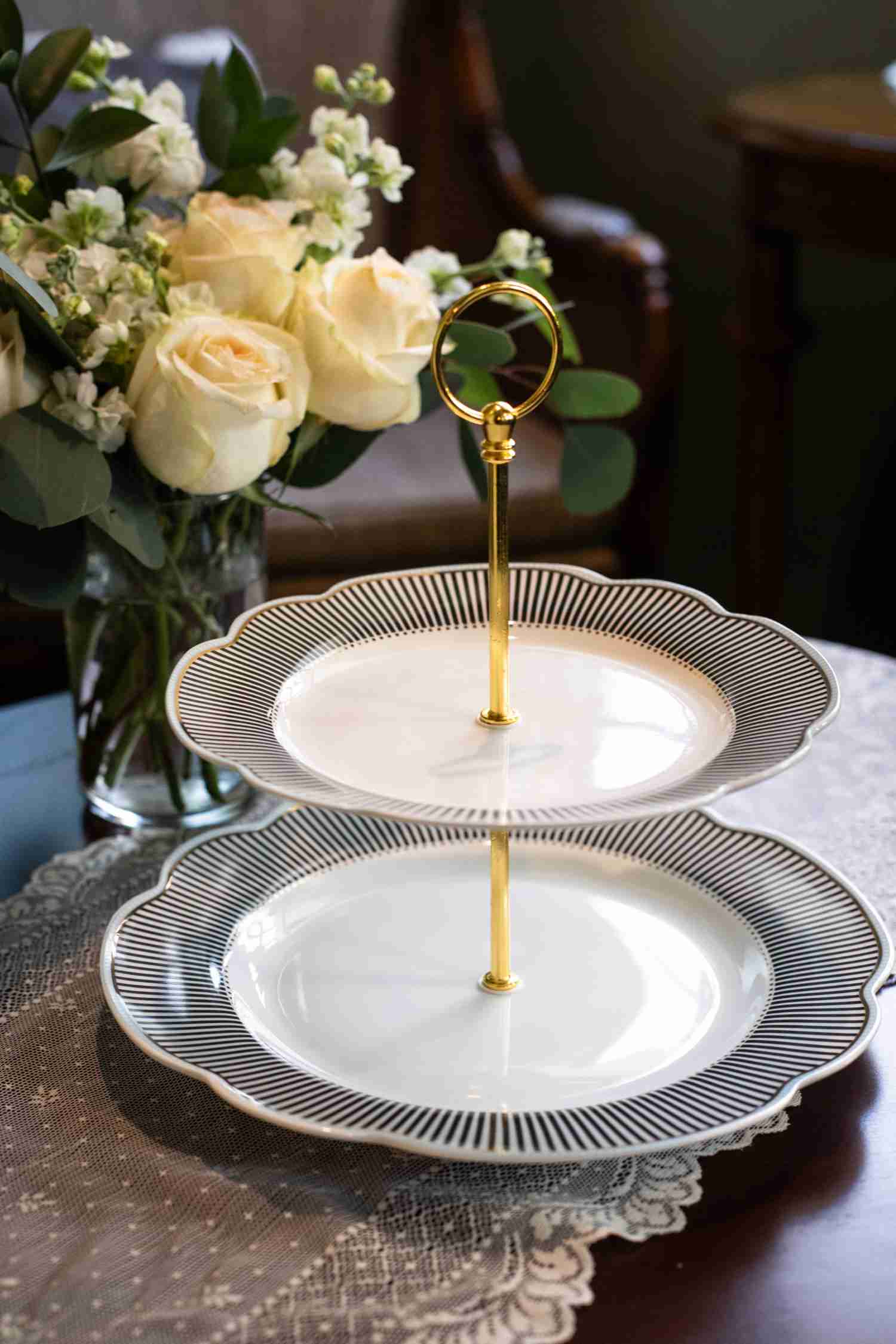 St.James Tearoom Online Tea shop Noir Gold Scallop Two Tiered Tray